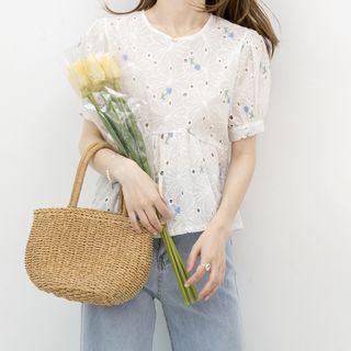 Short-sleeve Embroidered Eyelet Blouse White - One Size