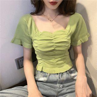 Short-sleeve Frill Trim Ruched Knit Top