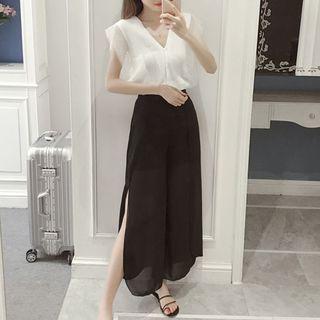 Set: Mock Two Piece Knit Vest + Plain Chiffon Wide Leg Pants