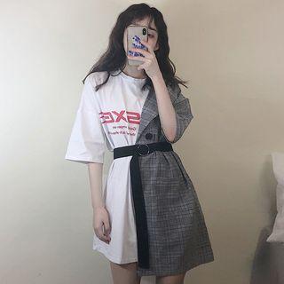 3/4-sleeve Plaid Paneled A-line Mini T-shirt Dress