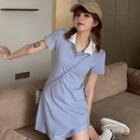 Short-sleeve Contrast Collar Mini Polo Dress Blue - One Size