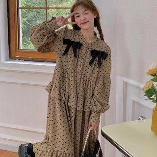 Puff-sleeve Bow Print Ruffled Midi A-line Dress