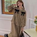 Puff-sleeve Bow Print Ruffled Midi A-line Dress