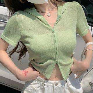 Short-sleeve Hooded Zip Knit Top