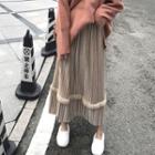 Furry Trim Midi Accordion Pleat Skirt