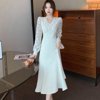 Puff Sleeve V-neck Lace Panel Mermaid Sheath Dress