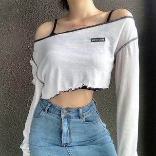 Set: Long-sleeve Stitched Trim Crop Top + Camisole