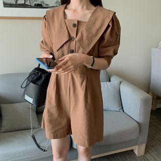 Collared Puff-sleeve Linen Playsuit