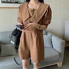 Collared Puff-sleeve Linen Playsuit