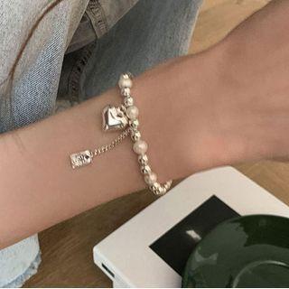 Heart Faux Pearl Sterling Silver Bracelet Sl0762 - White & Silver - One Size