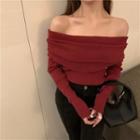 Long-sleeve Off Shoulder Knit Top Wine Red - One Size