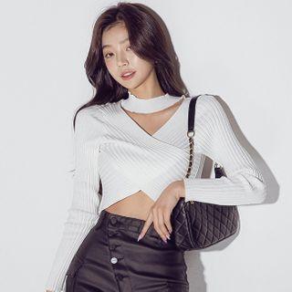 Long-sleeve Cutout Knit Crop Top White - One Size