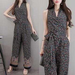 V-neck Sleeveless Floral Jumpsuit