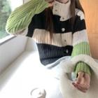 Long-sleeve High-neck Striped Knit Cardigan Stripe - One Size