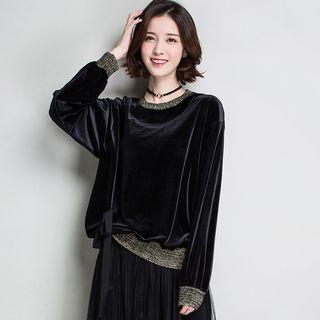 Drawstring Bow Velvet Long-sleeve Top