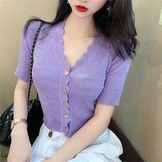 Ruffle-trim V-neck Knitted Cropped Cardigan
