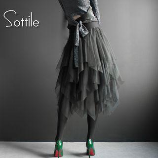 Tie-waist Scallop Mesh Midi Skirt