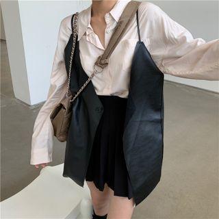 Plain Long-sleeve Shirt / Faux Leather V-neck Camisole Top