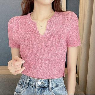 Short-sleeve V-neck Plain Sheer Knit Crop Top