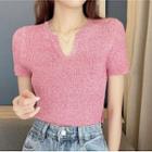 Short-sleeve V-neck Plain Sheer Knit Crop Top