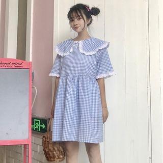 Short-sleeve Plaid Lace-trim Dress