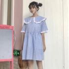Short-sleeve Plaid Lace-trim Dress