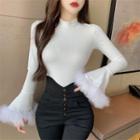 Long-sleeve Fluffy Accent T-shirt White - One Size