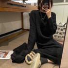 Set: Long-sleeve Cable Knit Midi Dress + Scarf