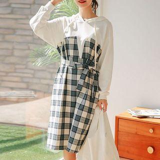 Plaid Panel Midi Hoodie Dress