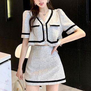 Set: Short-sleeve Contrast Trim Cropped Jacket + Mini Pencil Skirt