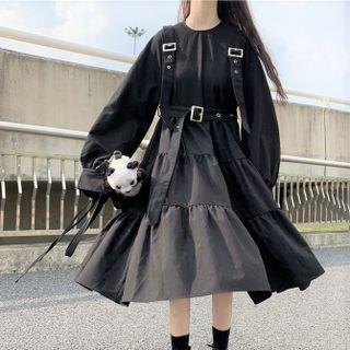 Long-sleeve Buckled Tiered Midi A-line Dress