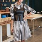 Set: Belted Faux-leather Top + Striped Shirtdress