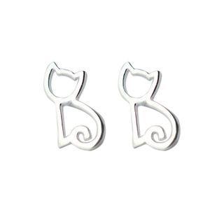925 Sterling Silver Hollow Cat Stud Earring 1 Pair - Silver - One Size