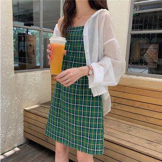 Plaid Camisole Dress / Light Hooded Cardigan