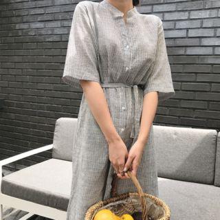 Mandarin-collar Band-waist Stripe Shirtdress