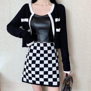 High Waist Checkerboard Knit Mini A-line Skirt