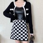 High Waist Checkerboard Knit Mini A-line Skirt