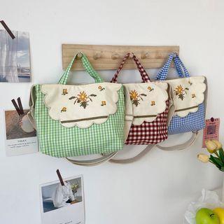 Floral Embroidered Check Lunch Bag