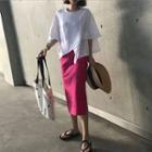Asymmetric Hem Elbow-sleeve T-shirt / High Waist Pencil Skirt