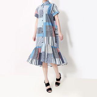 Patch Work Long-sleeve Shirt Midi Dress