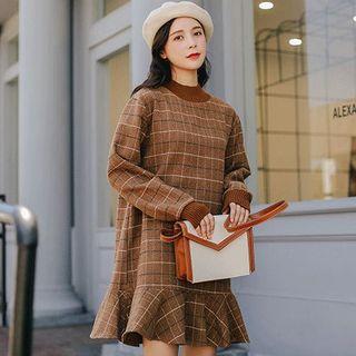 Long-sleeve Plaid Ruffle Hem Mini Pullover Dress
