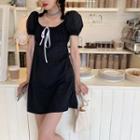 Square Collar Puff-sleeved Dress Black - One Size