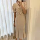 Set: Short-sleeve V-neck Blouse + Midi Mermaid Skirt