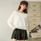 Off-shoulder Chunky Knit Sweater / High Waist Pleated Skirt