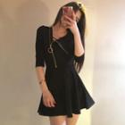 Elbow-sleeve Zip-up A-line Mini Dress