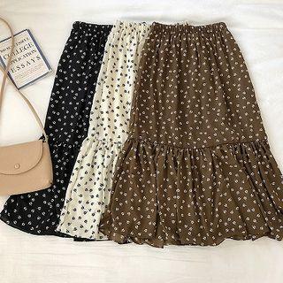 Floral High-waist Frilled Ruffled-trim A-line Skirt