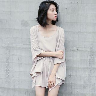 Set: Plain Elbow-sleeve Light Jacket + Spaghetti Strap Top + Shorts