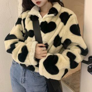 Fleece Lapel Heart Pattern Cropped Jacket