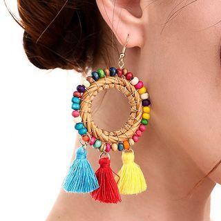 Rattan Bead Hoop Tassel Fringed Earring