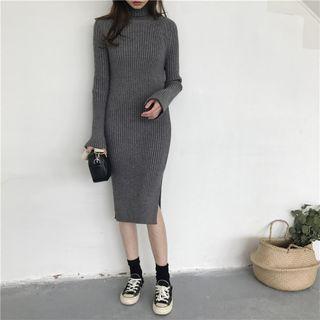 High-neck Long-sleeve Side Split Midi Knit Dress